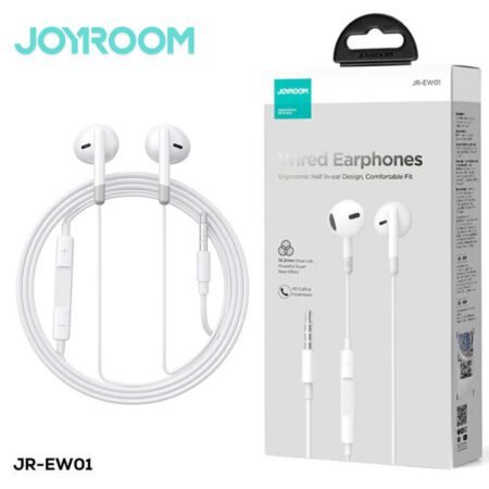 Joyroom-Ew01 3.5mm Wired Series Half In-Ear Wired Earphones White-Gadgetshop
