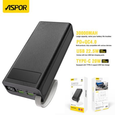 ASPOR A306 Big Capacity Of 30000mAh Power Bank LCD Display 22.5W And 20W PD gadgetshop.pk
