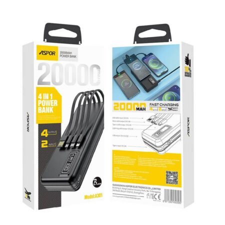 Aspor A301 4 in 1 Power Bank 20000mah With Lcd Digital Display Gadgetshop.pk