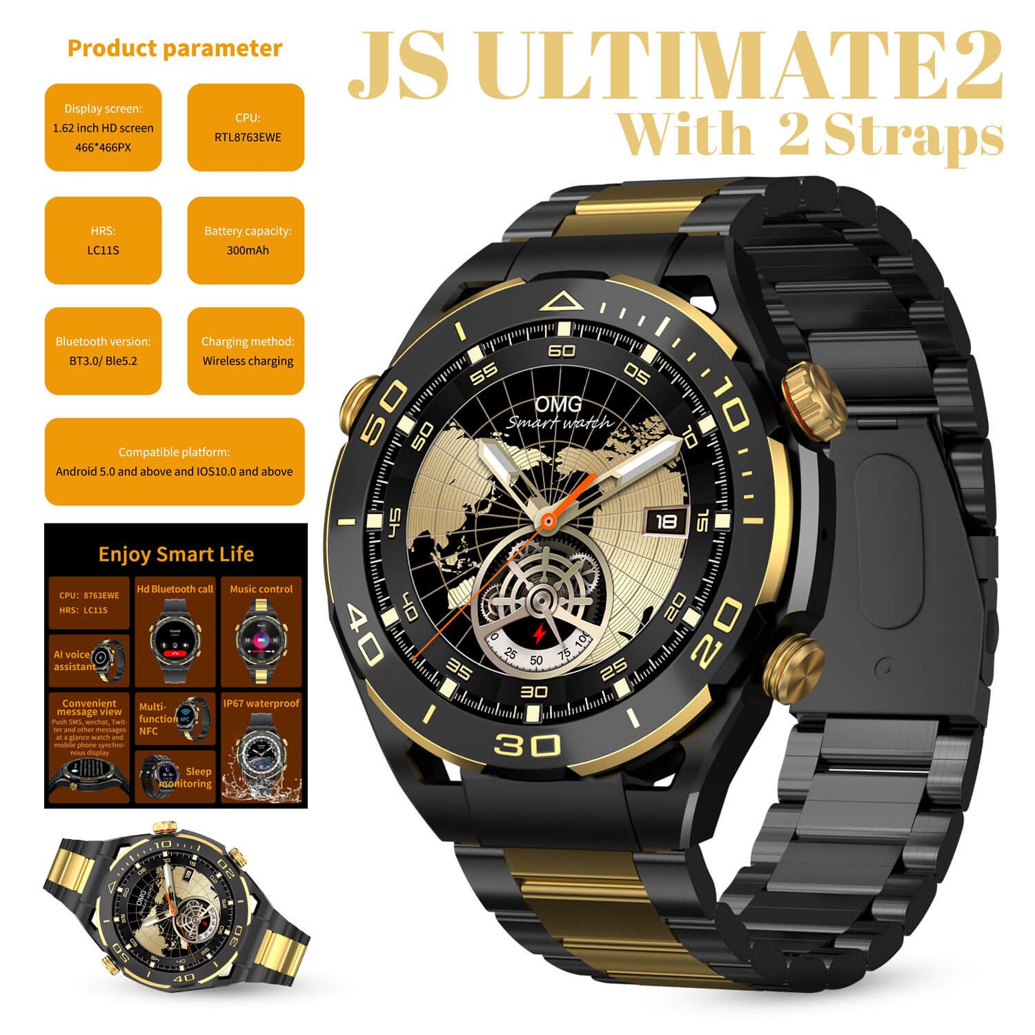 Js Ultimate2 1.53 Inch Bt Call Smart Watch Rdfit App With 2 Straps -Silicone Strap -steel Belt Gold Style